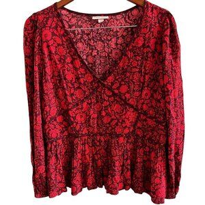 Knox Rose Blouse Womens XXL Red Embroidered Red Floral Balloon Sleeve V Neck Top